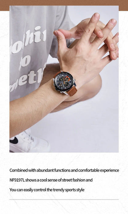 NAVIFORCE 2021 - Reloj deportivo para hombre, resistente al agua, con pantalla dual, luminoso, de cuarzo y cuero genuino, masculino