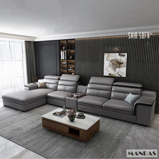 MINGDIBAO Leather Sectional Sofa Set with Cup Holder, USB, Adjustable Headrests & Bluetooth Speaker Living Room Couch with Stool