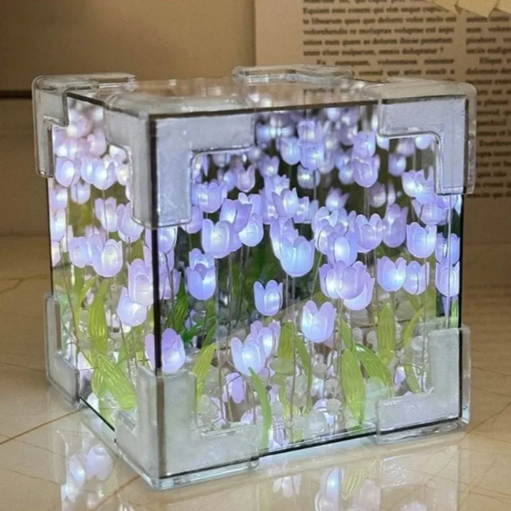 2025 DIY Tulip Sea Rubik's Cube Mirror Night Light Car Decoration Materials Handmade Birthday Gifts for Friends and Colleagues