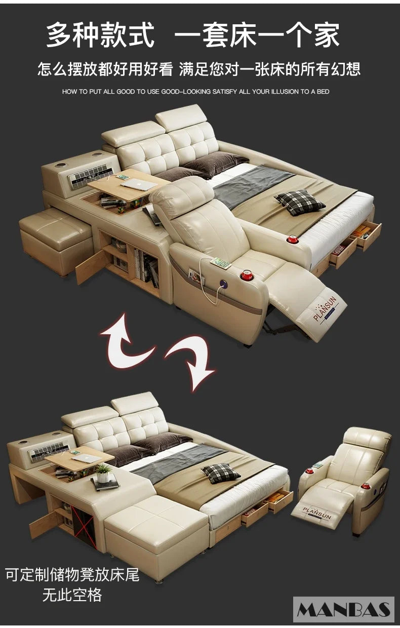 MINGDIBAO Massage Bed with Ultimate Comfort and Genuine Leather Multifunctional Frame - Bluetooth Speaker, Safe Air Cleaner, USB