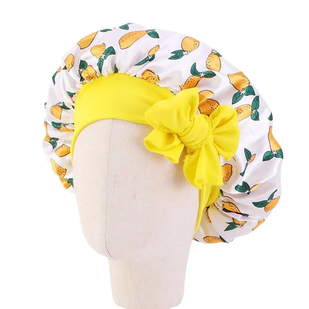 Kids Satin Bonnet Sleep Hat Silk Shower Cap for Child Hair Beanie At Night Boy Girls Flower Printed Silk Sleep Cap with Band Bow