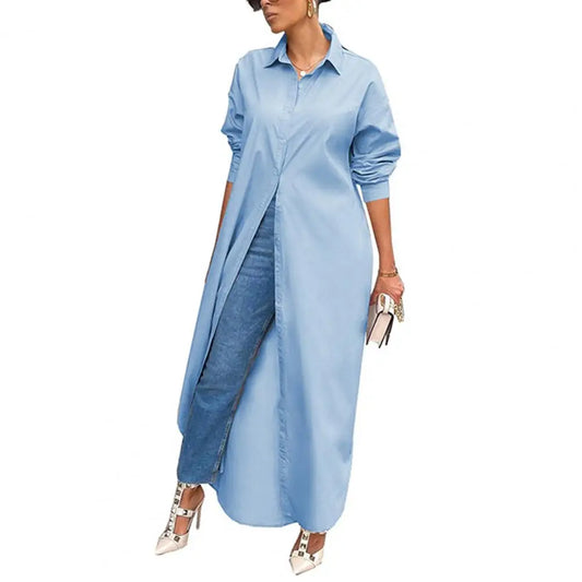 Women Shirt Windproof Shirt Dress Versatile Hem Stylish Autumn Winter Solid Color Shirt Long Dress