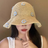 Lovely Foldable Straw Hat Sun Protection UV Protection Panama Cap Little Flowers Breathable Fisherman Cap Summer Bucket Hat