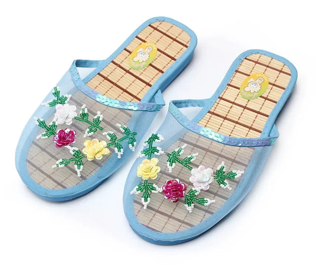 Chinese Knitted Floral Slippers for Women, Slip-on Flats, Flip Flop Loafers, Slides, Mules 