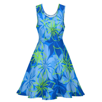 Olowalu Hibiscus Hawaiian Aloha Shirt Print - Blue and Lime Sleeveless Dress Beachwear summer women"s dress 2024