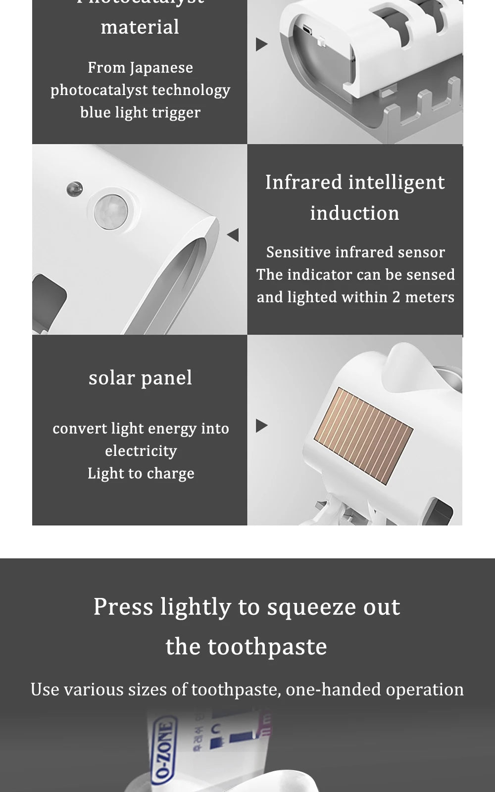 Toothbrush Holder Toothpaste Dispenser Solar Energy Bathroom Toothbrush Storage Box Multi-function Storage Holder USB Charge