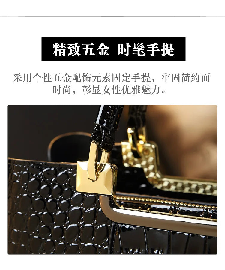 2023 New Luxury Crocodile Bag for Women Casual Tote High Qualtiy Patent Leather Shoulder Purses Elegant Dinner Noble Purse Black