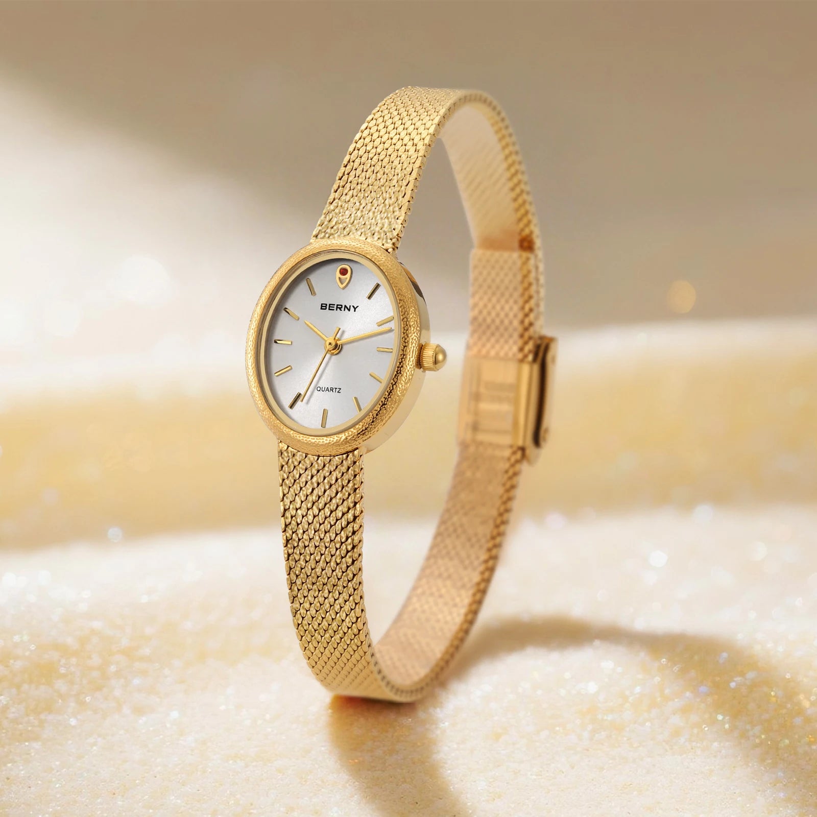 Relogio feminino oval dourado berny de luxo quartzo a prova de agua