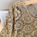 Casual Long Sleeve Elegant cardigan Beading O-neck Chic Vintage Hook Flower Hollow Out Top Plus Size Clothing