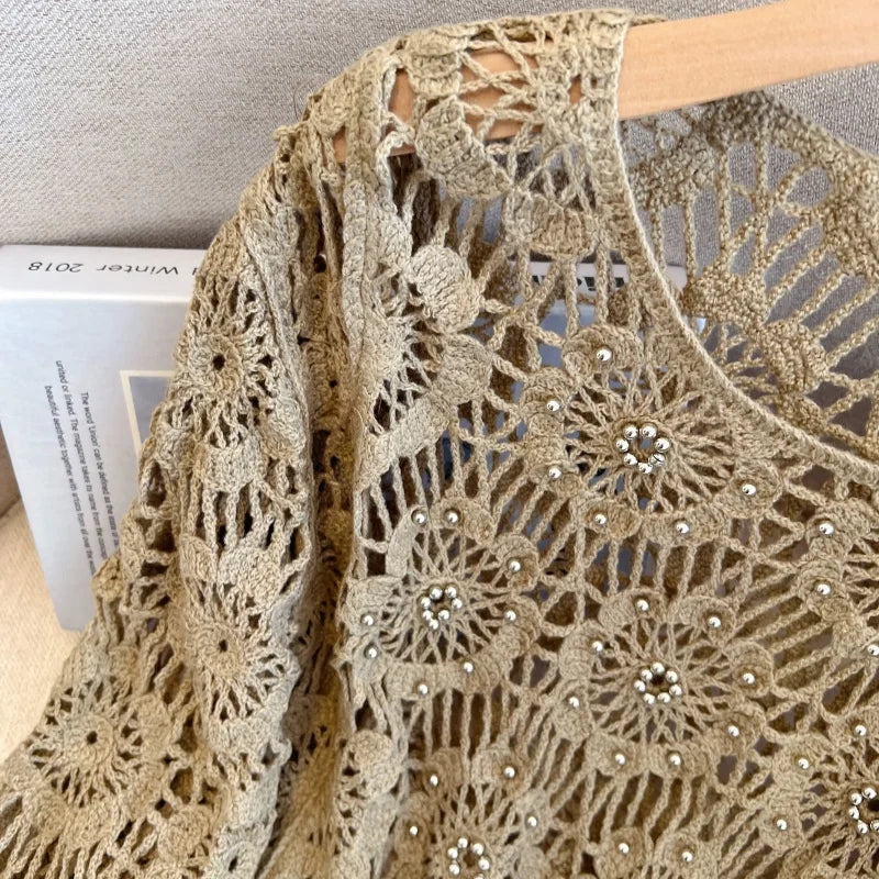 Casual Long Sleeve Elegant cardigan Beading O-neck Chic Vintage Hook Flower Hollow Out Top Plus Size Clothing