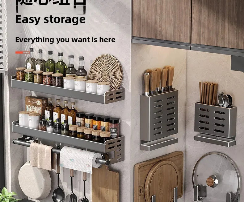 Gunmetal Space Aluminum Kitchen Storage Rack - No-Drill Wall Mounted Multi-Functional Organizer for Spice Jars and Knives