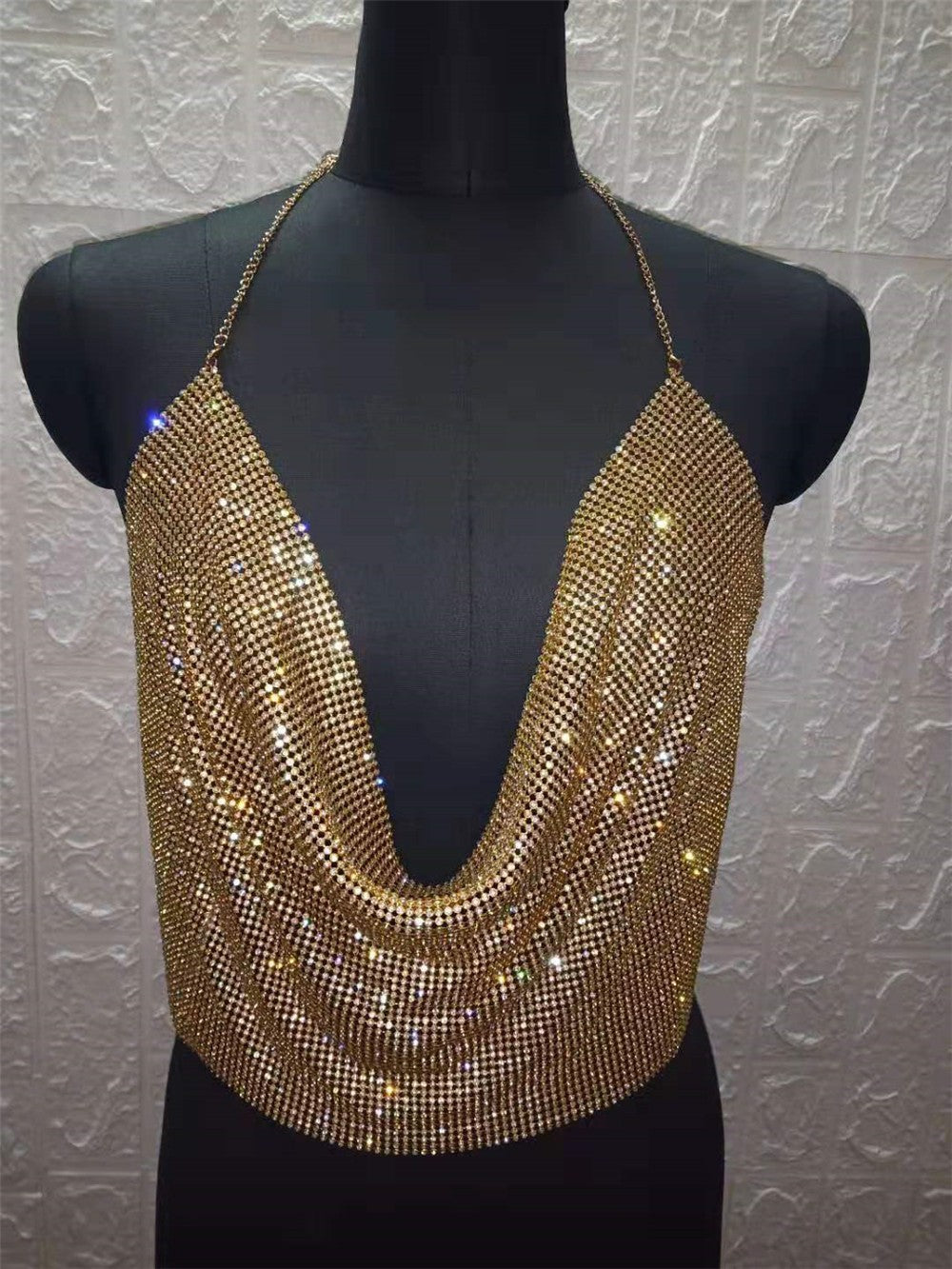 Camisola ClubWear para mujer, ropa de calle Y2k, top corto con lentejuelas metálicas, espalda descubierta, cinturón acolchado, top halter ajustable