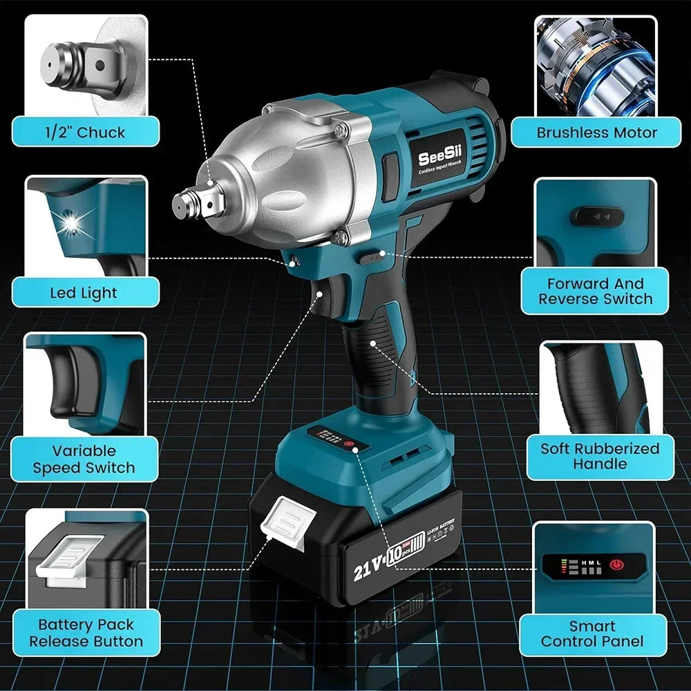 Cordless Impact Wrench 900N.m Power Impact Gun 1/2'' 3300RPM Brushless Electric Impact Driver for Home Car Truck Mower