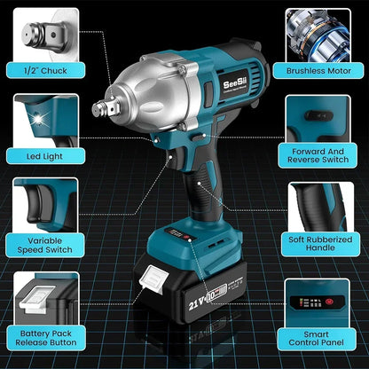 Cordless Impact Wrench 900N.m Power Impact Gun 1/2'' 3300RPM Brushless Electric Impact Driver for Home Car Truck Mower