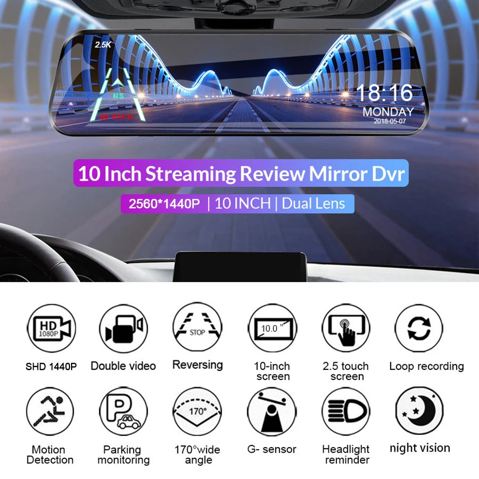 Acceo A37 Car DVR 10.0 Inch Rear View Mirror 2.5K Dash Cam 1080P Car Camera With Rear View Camera Video Recorder Registrar DVRs