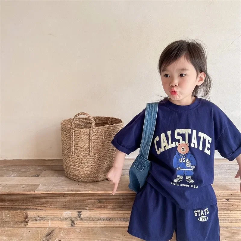 2pcs Summer Baby Clothes Set Children Boy Girl Cartoon Bear T-shirts and Shorts Suit Kid Casual Top Bottom Outfits Tracksuits