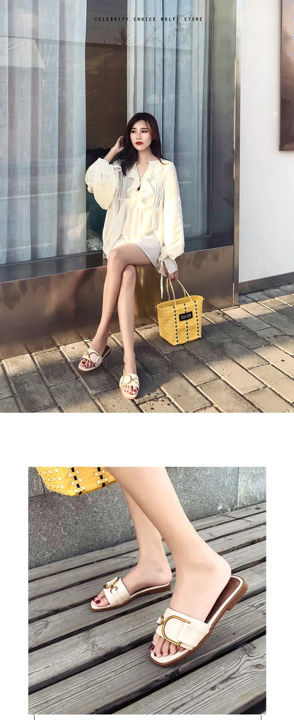 Women's Flat Slippers Summer Leather Square Toe Women Flats Flip Flops Designer Ladies Slides Sandals Women Shoes Luxury Sandals