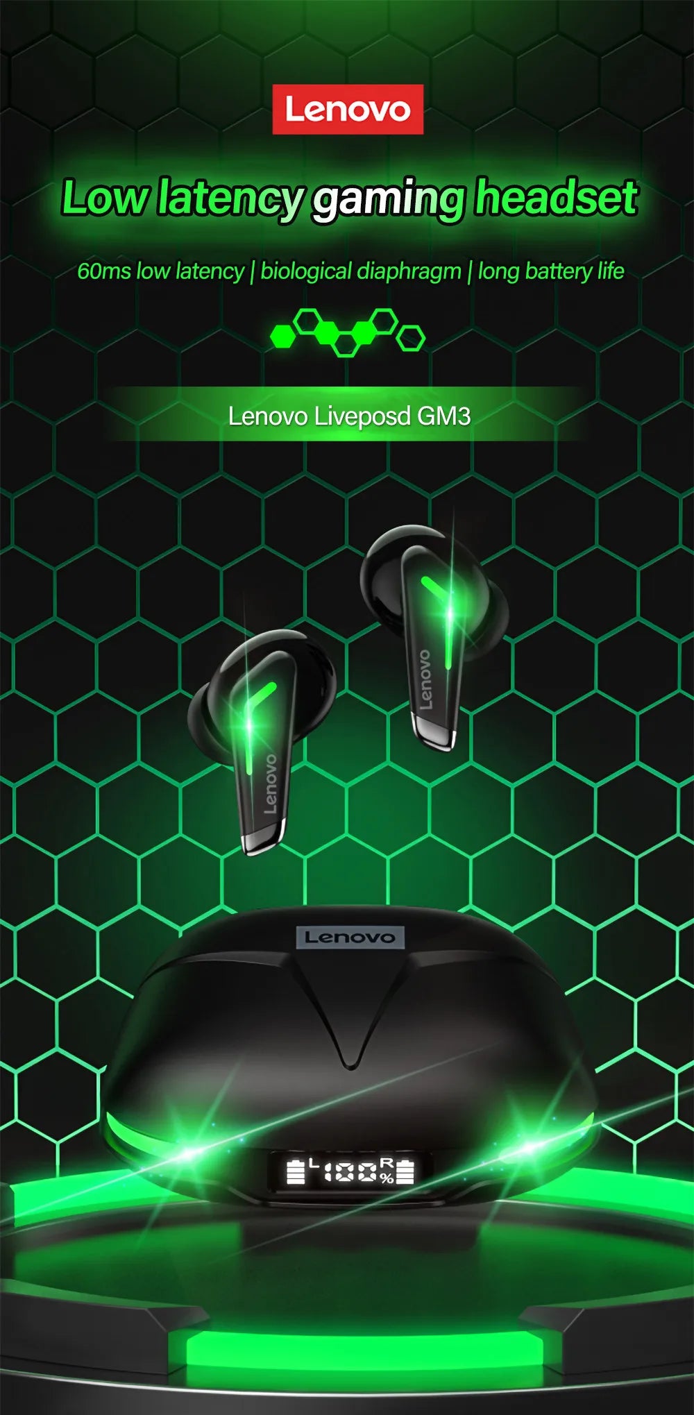 Auriculares deportivos originales Lenovo GM3 Bluetooth 5.0 con reducción de ruido, baja latencia, conexión rápida y modo de espera prolongado.