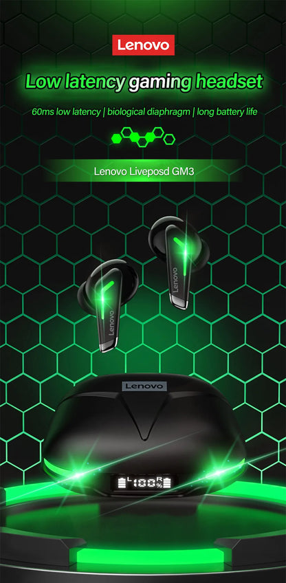 Auriculares deportivos originales Lenovo GM3 Bluetooth 5.0 con reducción de ruido, baja latencia, conexión rápida y modo de espera prolongado.