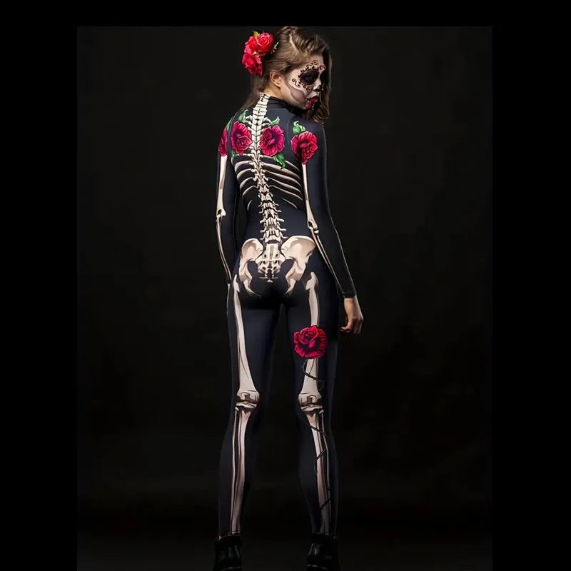Girl Halloween Ghost Bride Theme Party Dress Up Costume, Hollow Out and Rose Pattern Printed Long Sleeve Slim Jumpsuit for Women