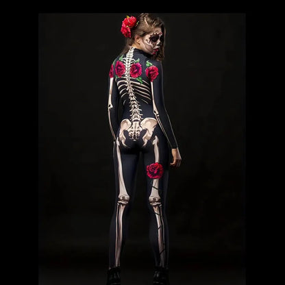 Girl Halloween Ghost Bride Theme Party Dress Up Costume, Hollow Out and Rose Pattern Printed Long Sleeve Slim Jumpsuit for Women