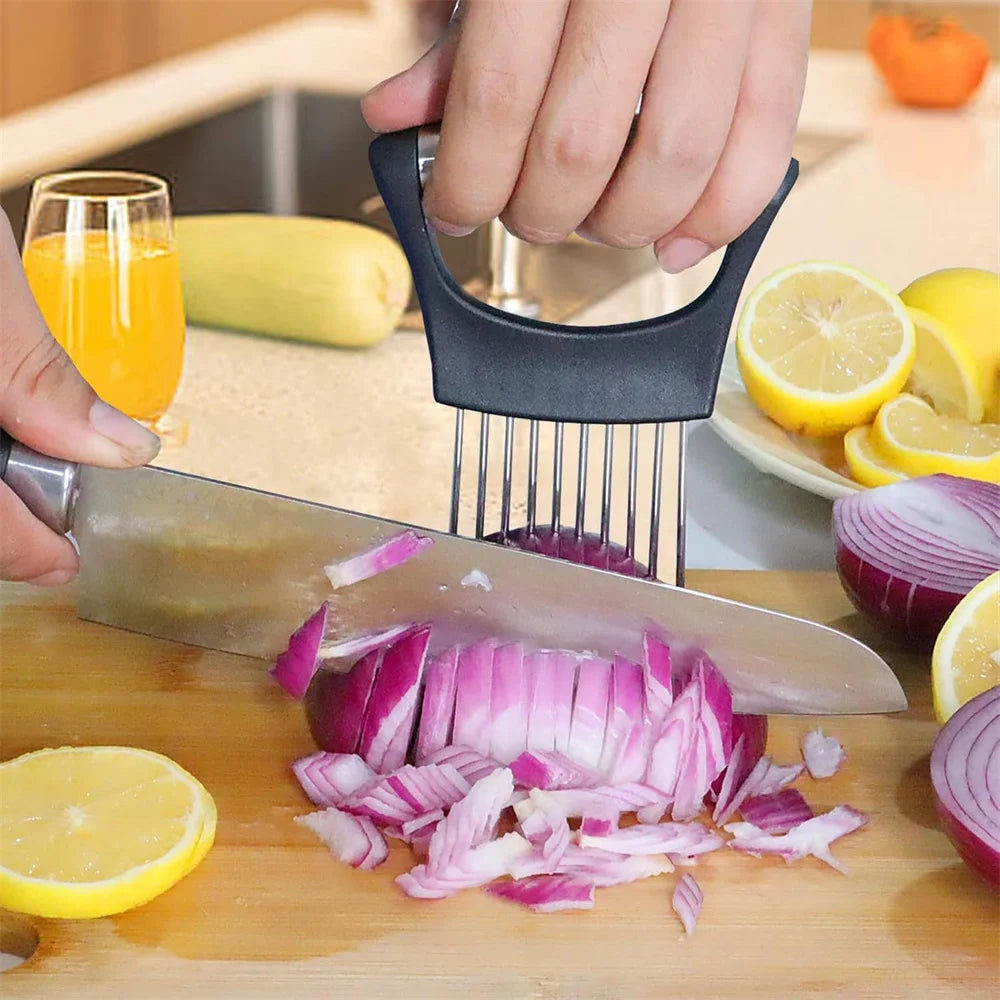 Food Slicing Assistant Kitchen Cutting Tool Durable Onion Cutting Stand with Comfort Handle Stainless Steel Onion Needle Kitchen
