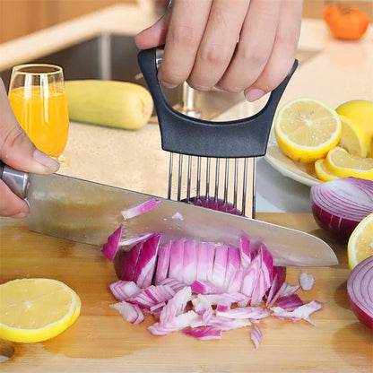 Food Slicing Assistant Kitchen Cutting Tool Durable Onion Cutting Stand with Comfort Handle Stainless Steel Onion Needle Kitchen