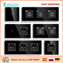 BSEED Touch Light Switch With EU USB Wall Sockets Black Wall Led Switches 1/2/3Gang 1Way Crystal Dark Blue Backlight Wall Switch