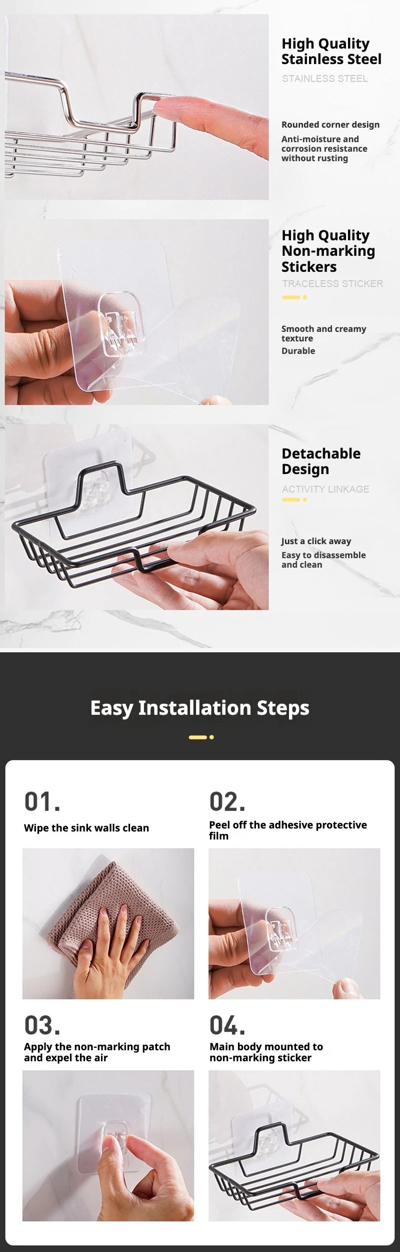 Jabonera de acero inoxidable para baño, soporte de pared sin perforaciones, bandeja para esponja de cocina, organizador, jabonera adhesiva para ducha