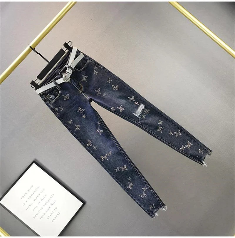 Spring Summer 2024 New Fashion Women's Denim Pants Korean Version Elastic Rhinestone High Waist Skinny Jeans