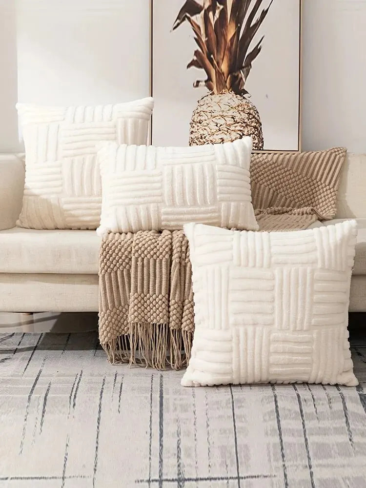 1pc Boho Faux Fur Plush Throw Pillow Covers, Cream White, Luxury SoftFluffy Decorative Cushion Cover Pillowcase for Sofa, Couch