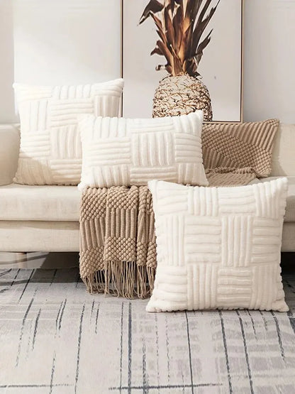 1pc Boho Faux Fur Plush Throw Pillow Covers, Cream White, Luxury SoftFluffy Decorative Cushion Cover Pillowcase for Sofa, Couch