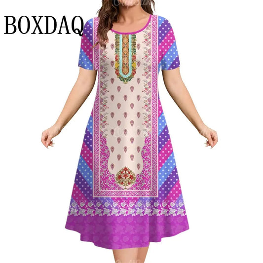 Colorful Floral Women's Dresses Summer Vintage Short Sleeve Loose Plus Size Clothing 2025 Casual Fashion Elegant Dress For Woman