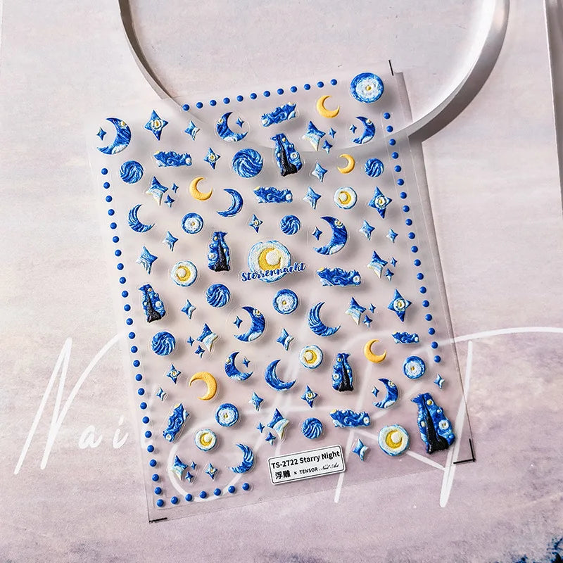 Blue Starry Night 5D Soft Embossed Relief Self Adhesive Nail Art Decoration Stickers Dressy White Stars 3D Manicure Decals Woman