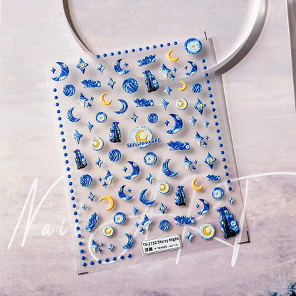 Blue Starry Night 5D Soft Embossed Relief Self Adhesive Nail Art Decoration Stickers Dressy White Stars 3D Manicure Decals Woman