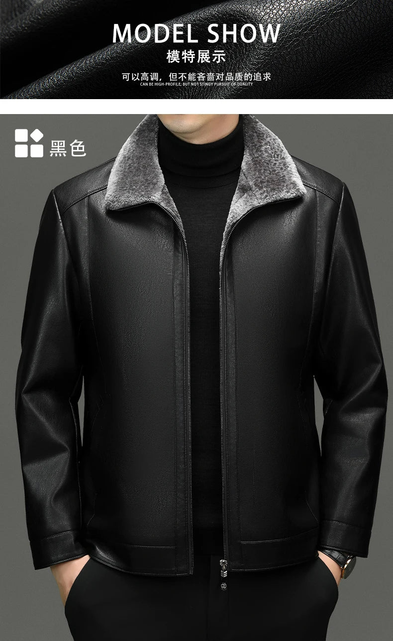 YN-2365 Autumn/Winter Men's Natural Leather Jacket Thickened Fur Integrated Business Casual Top Black Coffee Middle Aged Youth
