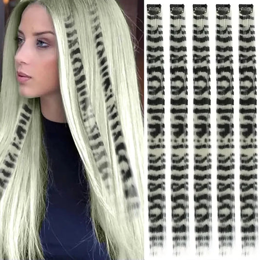 New Stripe Printed Clip in Hair Extensions Synthetic Straight Hair Highlights Colorful 18 Inches Wig Hairpieces Girls