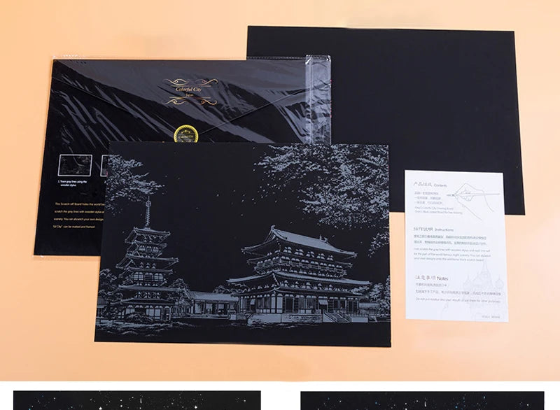 2 Sheets Scratch Paper Art Kit DIY Craft World Landmarks Animals City Scene Stylus Drawing Toy Adult Stress Relief Creative Gift