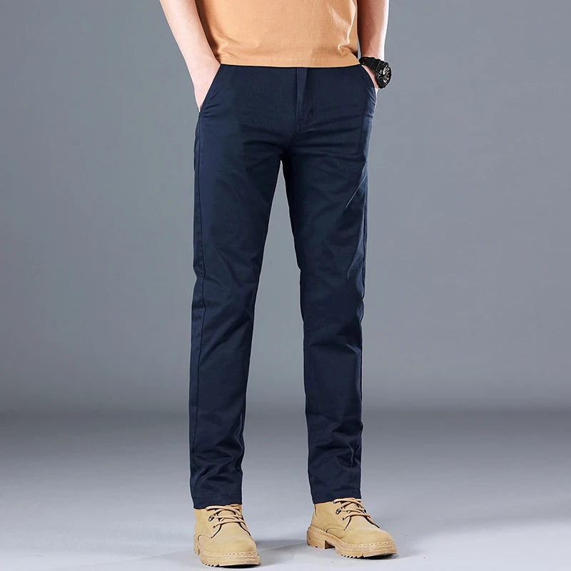 Men's High Quality Pure Cotton Classic Solid Color Casual Pants Business Stretch Slim Straight Brand Trousers Male Autumn New