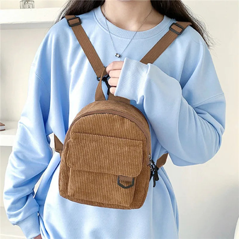 Women's Mini Backpack Fashion Solid Color Corduroy Small Simple Casual Traveling Large Capacity Durable Female's Schoolbag