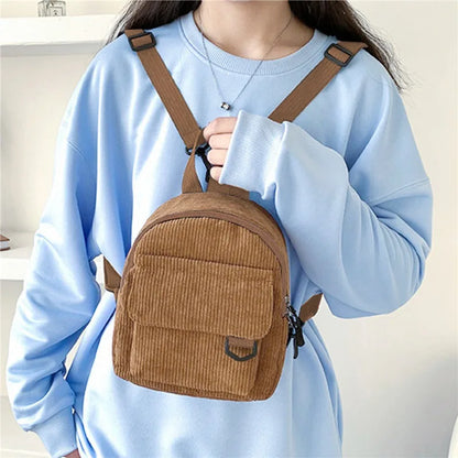 Women's Mini Backpack Fashion Solid Color Corduroy Small Simple Casual Traveling Large Capacity Durable Female's Schoolbag