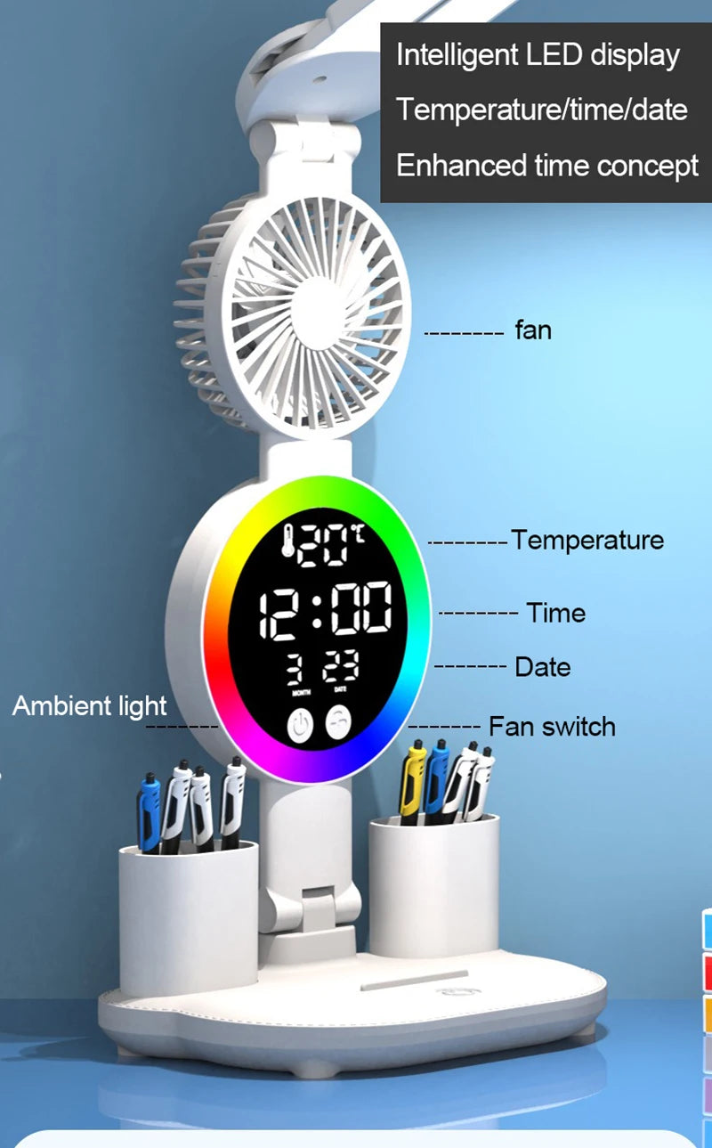 Rechargeable Led Table Lamp for Study Desk Lamp Reading Light Led Night Light with Fan Led Clock Dispaly Reading Desk Light