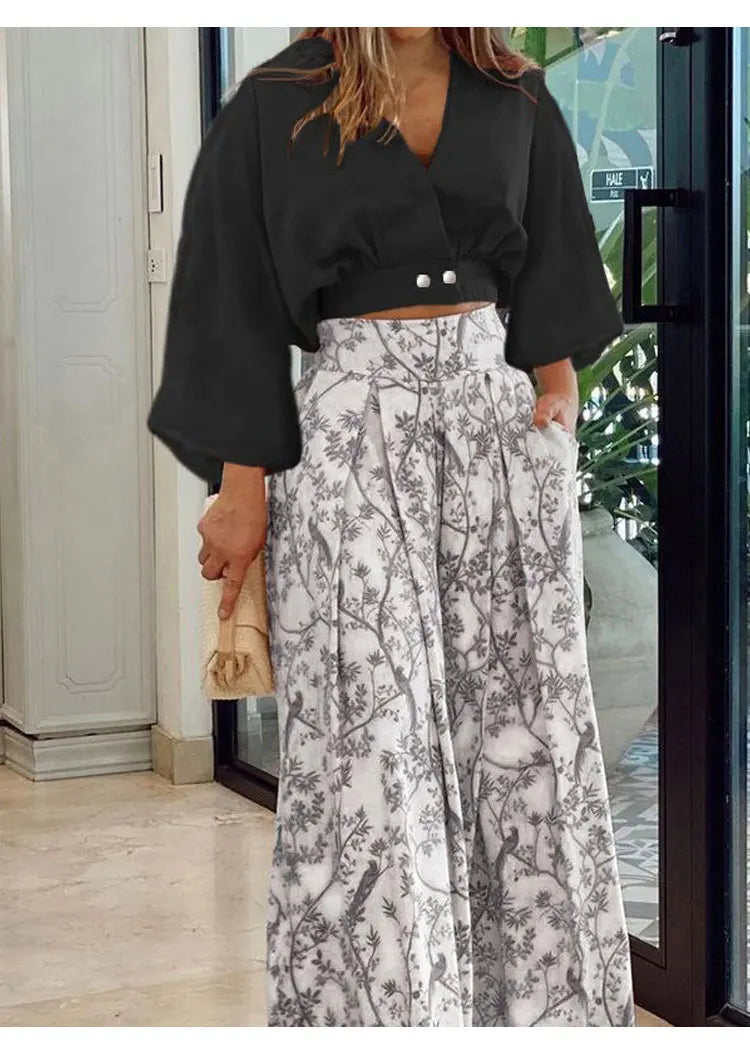 V-neck Long Sleeve Shirt And Blouses Solid Crop Top Straight Print Wide Leg Long Pant Suits 2-pieces Casual Autumn Women Sets