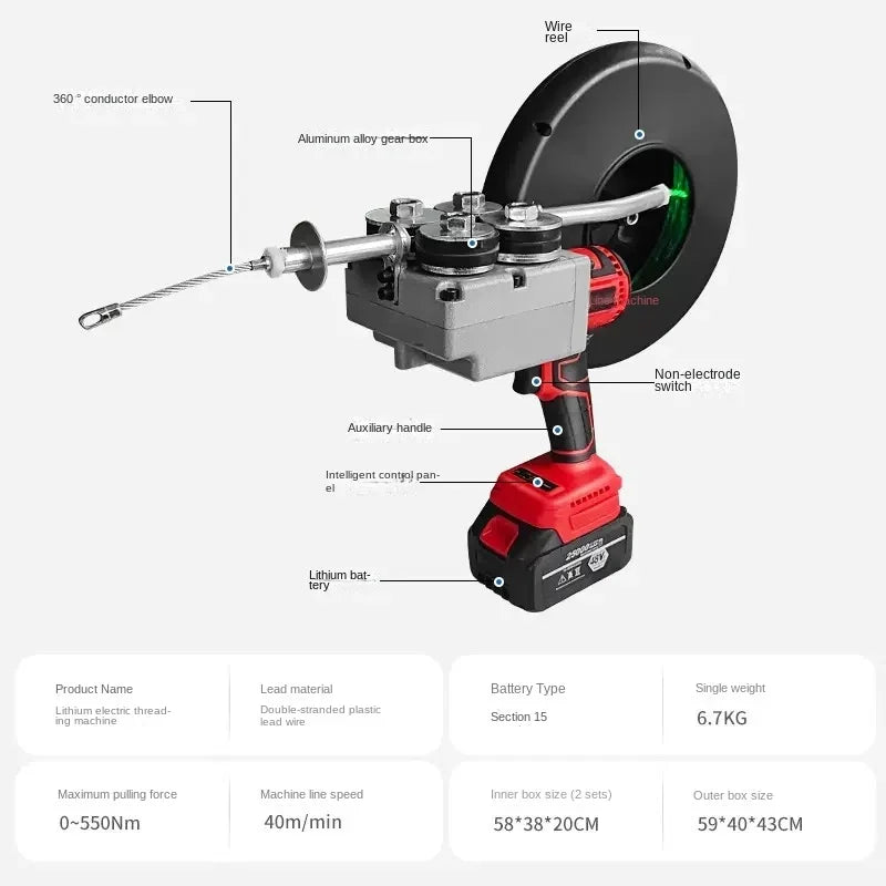 NEW Threading Machine Threading Device Automatic Electric Wire Puller Cable Push Wall Rechargeable Li-Ion Stringing Machine