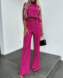 Elegante conjunto de dos piezas de color liso para mujer, traje de oficina, top corto informal y pantalones de cintura alta, otoño 2024
