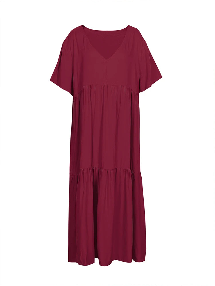 Plus Size 2025 Summer New V-neck Short Sleeve Pleated Solid Colour Loose Casual Midi Dress Basic Hem Pleated