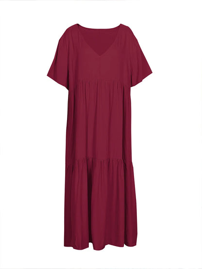 Plus Size 2025 Summer New V-neck Short Sleeve Pleated Solid Colour Loose Casual Midi Dress Basic Hem Pleated