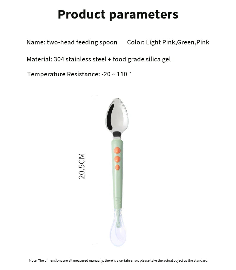 Baby Fruit Scraping Mud Spoon Double Head Silicone Stainless Steel Children Utensil Toddler Infant Food Eating Feeding Tableware