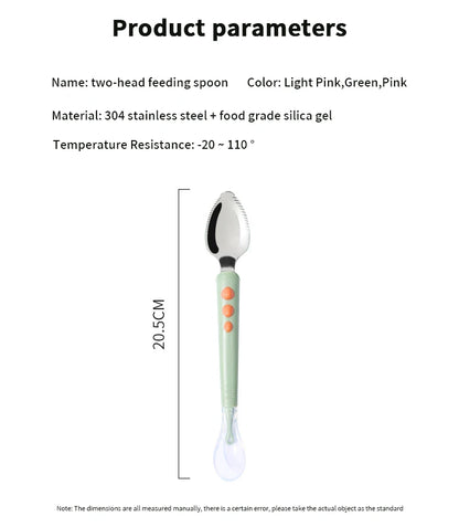 Baby Fruit Scraping Mud Spoon Double Head Silicone Stainless Steel Children Utensil Toddler Infant Food Eating Feeding Tableware