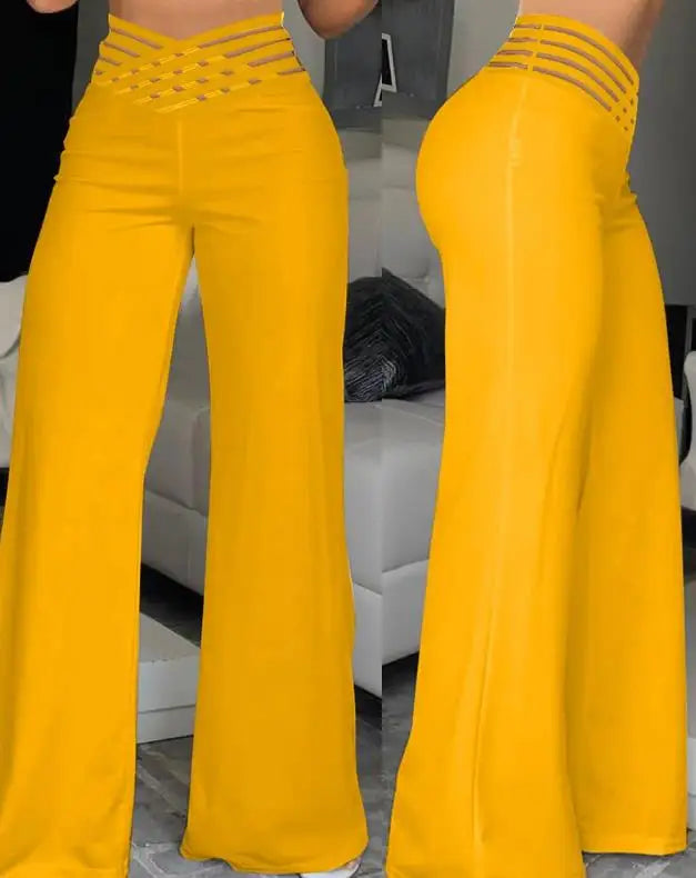 Fashion Office Ladies Trousers Elegant Crisscross Sheer Mesh Patch Casual High Waist Flared Pants for Women Clothes 2023 Summer